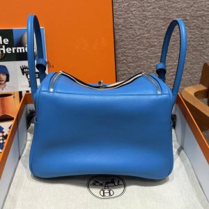 Hermes Lindy 30 CM Bag Handmade In Swift Leather Silver Hardware 0F Blue Frida - Image 2