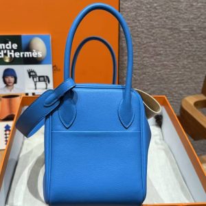 Hermes Lindy 30 CM Bag Handmade In Swift Leather Silver Hardware 0F Blue Frida - Image 15