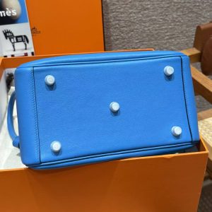 Hermes Lindy 30 CM Bag Handmade In Swift Leather Silver Hardware 0F Blue Frida - Image 14