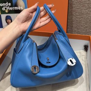 Hermes Lindy 30 CM Bag Handmade In Swift Leather Silver Hardware 0F Blue Frida - Image 9