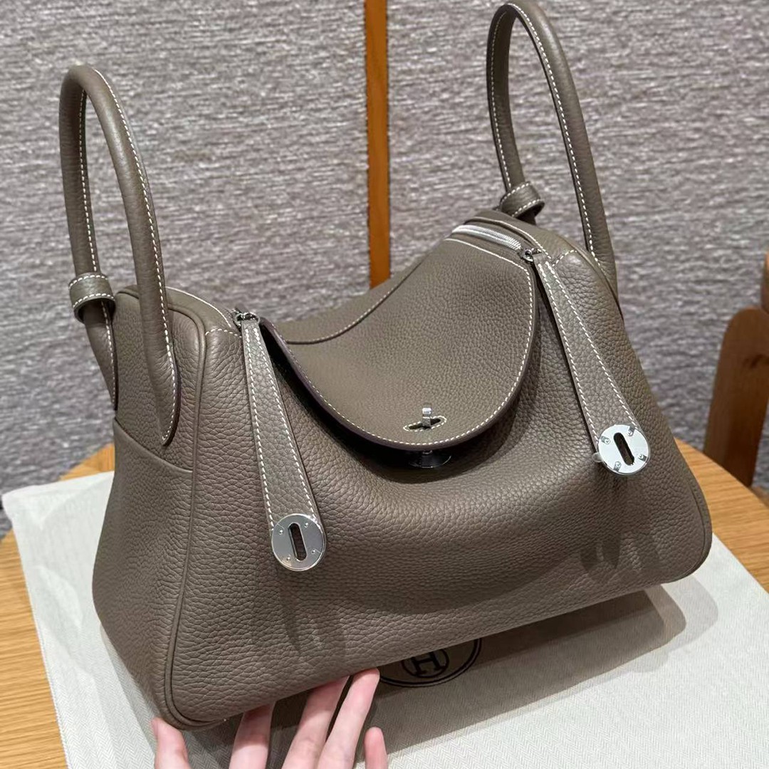 Hermes Lindy 30 CM Bag Handmade In Clemence Calfskin Leather Silver Hardware 18 Etoupe