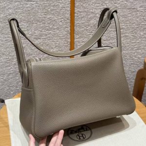 Hermes Lindy 30 CM Bag Handmade In Clemence Calfskin Leather Silver Hardware 18 Etoupe - Image 2