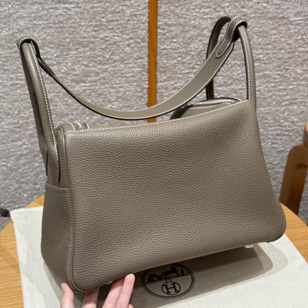 Hermes Lindy 30 CM Bag Handmade In Clemence Calfskin Leather Silver Hardware 18 Etoupe - Image 2