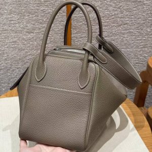 Hermes Lindy 30 CM Bag Handmade In Clemence Calfskin Leather Silver Hardware 18 Etoupe - Image 15