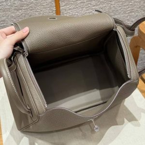 Hermes Lindy 30 CM Bag Handmade In Clemence Calfskin Leather Silver Hardware 18 Etoupe - Image 13