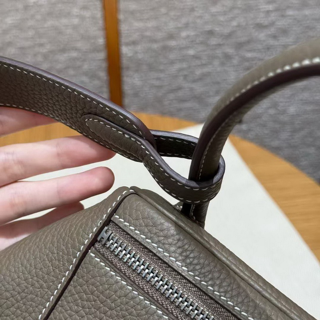Hermes Lindy 30 CM Bag Handmade In Clemence Calfskin Leather Silver Hardware 18 Etoupe - Image 9