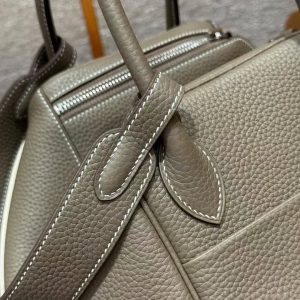 Hermes Lindy 30 CM Bag Handmade In Clemence Calfskin Leather Silver Hardware 18 Etoupe - Image 7