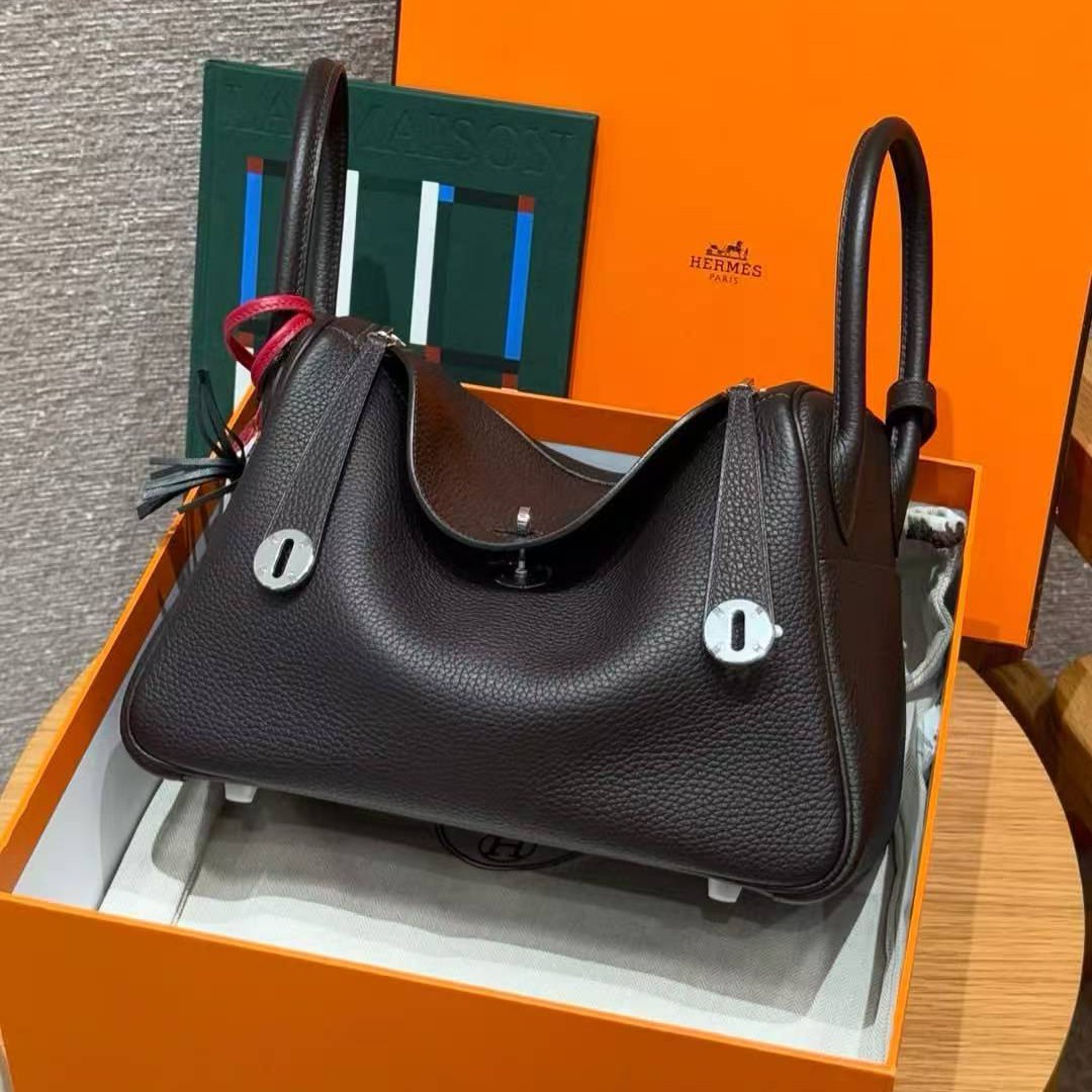 Hermes Lindy 30 CM Bag Handmade In Taurillon Clemence Leather Silver Hardware 3S Macassar - Image 3