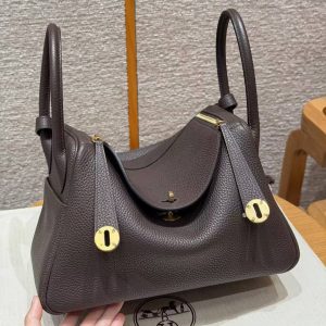 Hermes Lindy 30 CM Bag Handmade In Taurillon Clemence Leather Gold Hardware 47 Chocolate