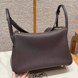 Hermes Lindy 30 CM Bag Handmade In Taurillon Clemence Leather Gold Hardware 47 Chocolate - Image 2