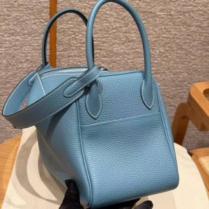Hermes Lindy 30 CM Bag Handmade In Taurillon Clemence Leather Silver Hardware 75 Blue Jean - Image 21
