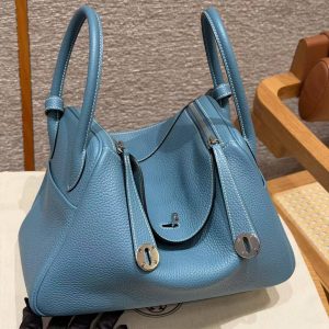 Hermes Lindy 30 CM Bag Handmade In Taurillon Clemence Leather Silver Hardware 75 Blue Jean - Image 16