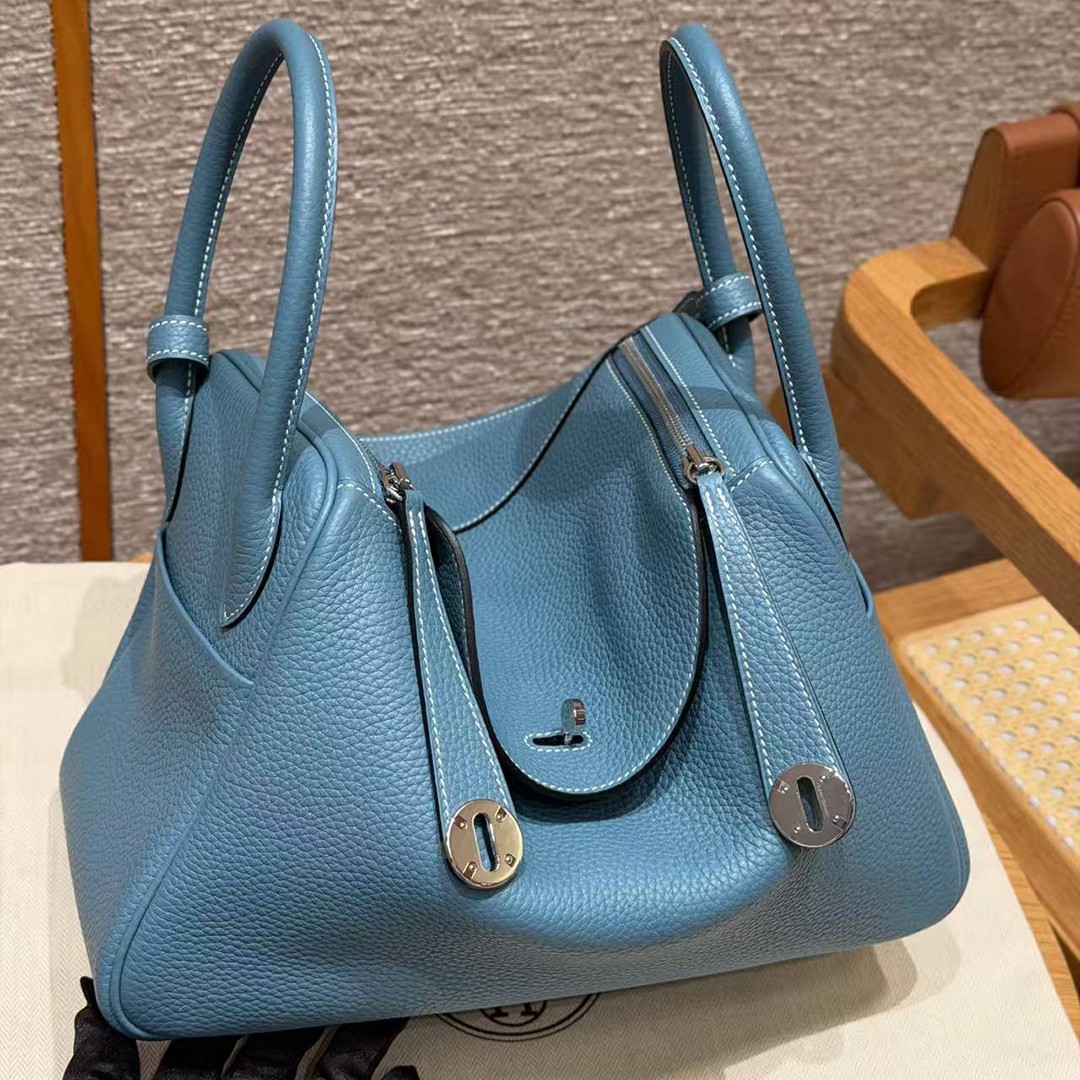 Hermes Lindy 30 CM Bag Handmade In Taurillon Clemence Leather Silver Hardware 75 Blue Jean - Image 16