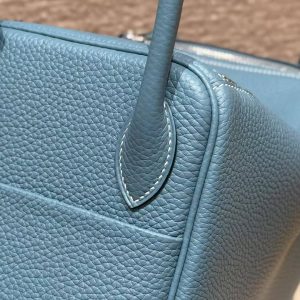 Hermes Lindy 30 CM Bag Handmade In Taurillon Clemence Leather Silver Hardware 75 Blue Jean - Image 14