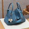 Hermes Lindy 30 CM Bag Handmade In Taurillon Clemence Leather Silver Hardware 75 Blue Jean
