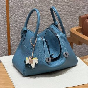 Hermes Lindy 30 CM Bag Handmade In Taurillon Clemence Leather Silver Hardware 75 Blue Jean
