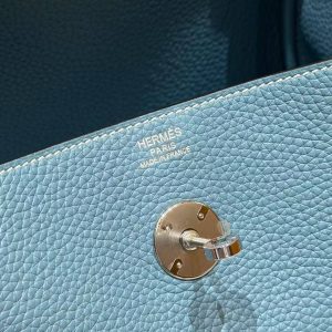 Hermes Lindy 30 CM Bag Handmade In Taurillon Clemence Leather Silver Hardware 75 Blue Jean - Image 7