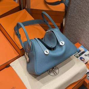 Hermes Lindy 30 CM Bag Handmade In Taurillon Clemence Leather Silver Hardware 75 Blue Jean - Image 3
