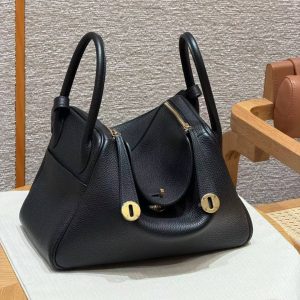 Hermes Lindy 30 CM Bag Handmade In Taurillon Clemence Leather Gold Hardware 89 Noir