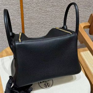 Hermes Lindy 30 CM Bag Handmade In Taurillon Clemence Leather Gold Hardware 89 Noir - Image 2