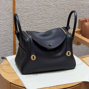 Hermes Lindy 30 CM Bag Handmade In Taurillon Clemence Leather Gold Hardware 89 Noir - Image 14