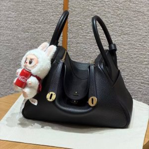 Hermes Lindy 30 CM Bag Handmade In Taurillon Clemence Leather Gold Hardware 89 Noir - Image 5