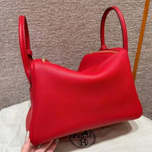 Hermes Lindy 30 CM Bag Handmade In Taurillon Clemence Leather Gold Hardware Q5 Rouge Casaque - Image 2