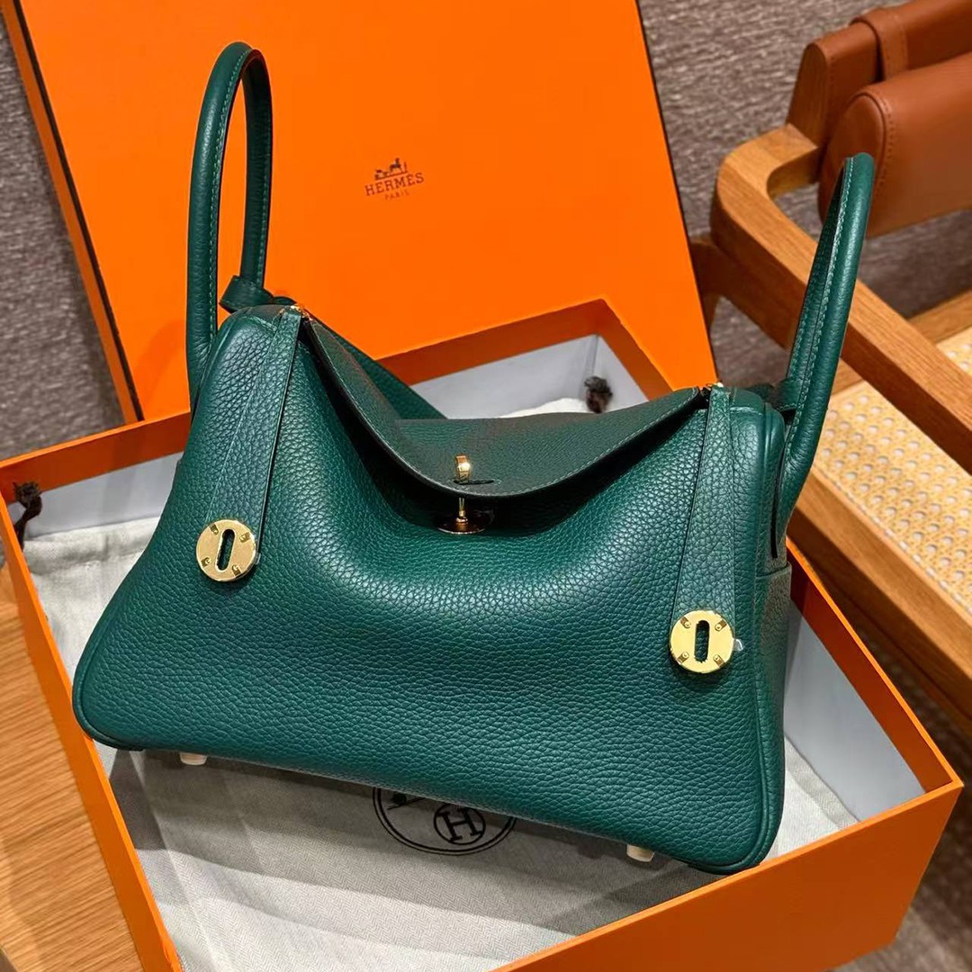 Hermes Lindy 30 CM Bag Handmade In Taurillon Clemence Leather Gold Hardware Z6 Malachite - Image 2