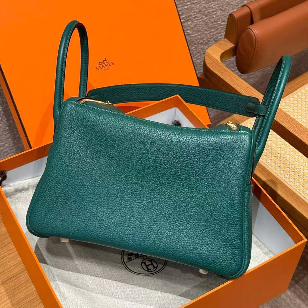 Hermes Lindy 30 CM Bag Handmade In Taurillon Clemence Leather Gold Hardware Z6 Malachite - Image 18