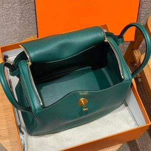 Hermes Lindy 30 CM Bag Handmade In Taurillon Clemence Leather Gold Hardware Z6 Malachite - Image 14