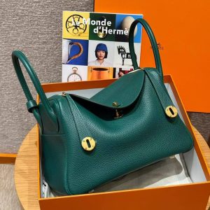 Hermes Lindy 30 CM Bag Handmade In Taurillon Clemence Leather Gold Hardware Z6 Malachite - Image 13