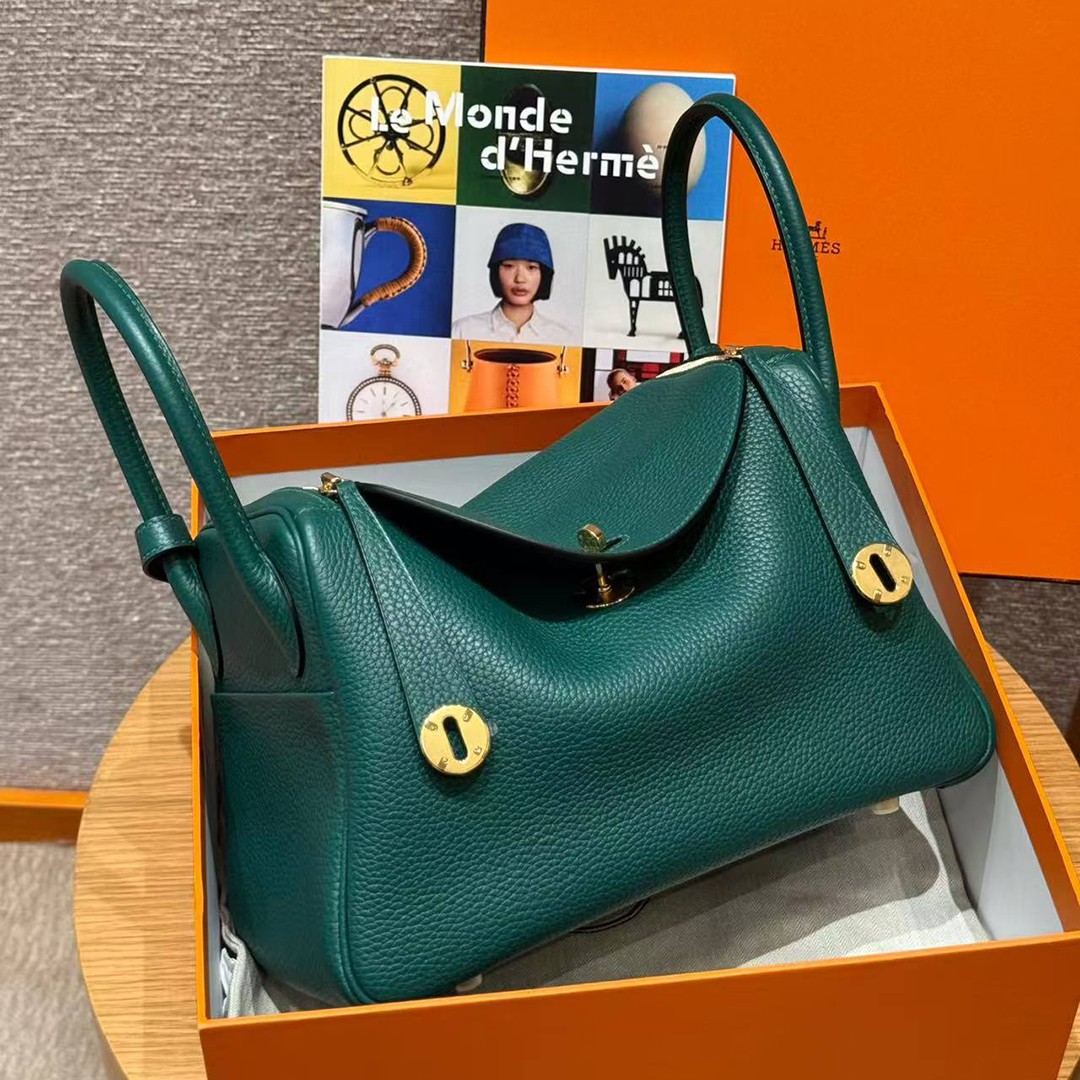 Hermes Lindy 30 CM Bag Handmade In Taurillon Clemence Leather Gold Hardware Z6 Malachite - Image 13