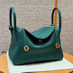 Hermes Lindy 30 CM Bag Handmade In Taurillon Clemence Leather Gold Hardware Z6 Malachite