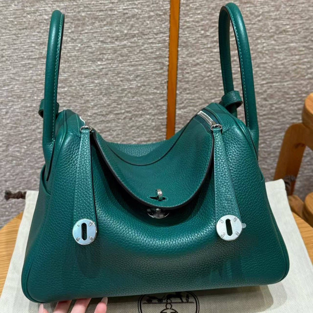 Hermes Lindy 30 CM Bag Handmade In Taurillon Clemence Leather Silver Hardware Z6 Malachite
