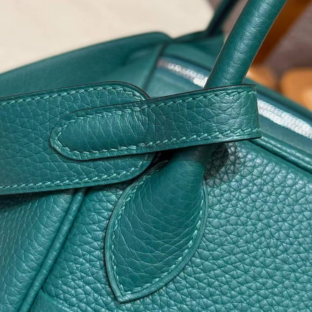 Hermes Lindy 30 CM Bag Handmade In Taurillon Clemence Leather Silver Hardware Z6 Malachite - Image 9