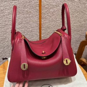Hermes Lindy 30 CM Bag Handmade In Taurillon Clemence Leather Gold Hardware k1 Rouge Grenat