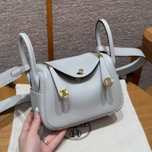 Hermes Lindy Mini 19 CM Bag Handmade In Taurillon Clemence Leather Gold Hardware 08 Blue Pale
