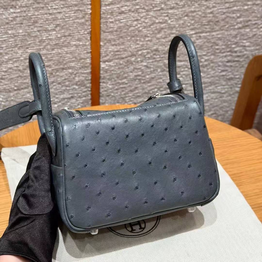 Hermes Lindy Mini 19 CM Bag Handmade In KK Ostrich Leather from South Africa Silver Hardware 0L Gris Meyer - Image 2