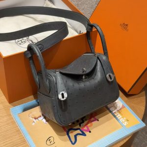 Hermes Lindy Mini 19 CM Bag Handmade In KK Ostrich Leather from South Africa Silver Hardware 0L Gris Meyer - Image 3
