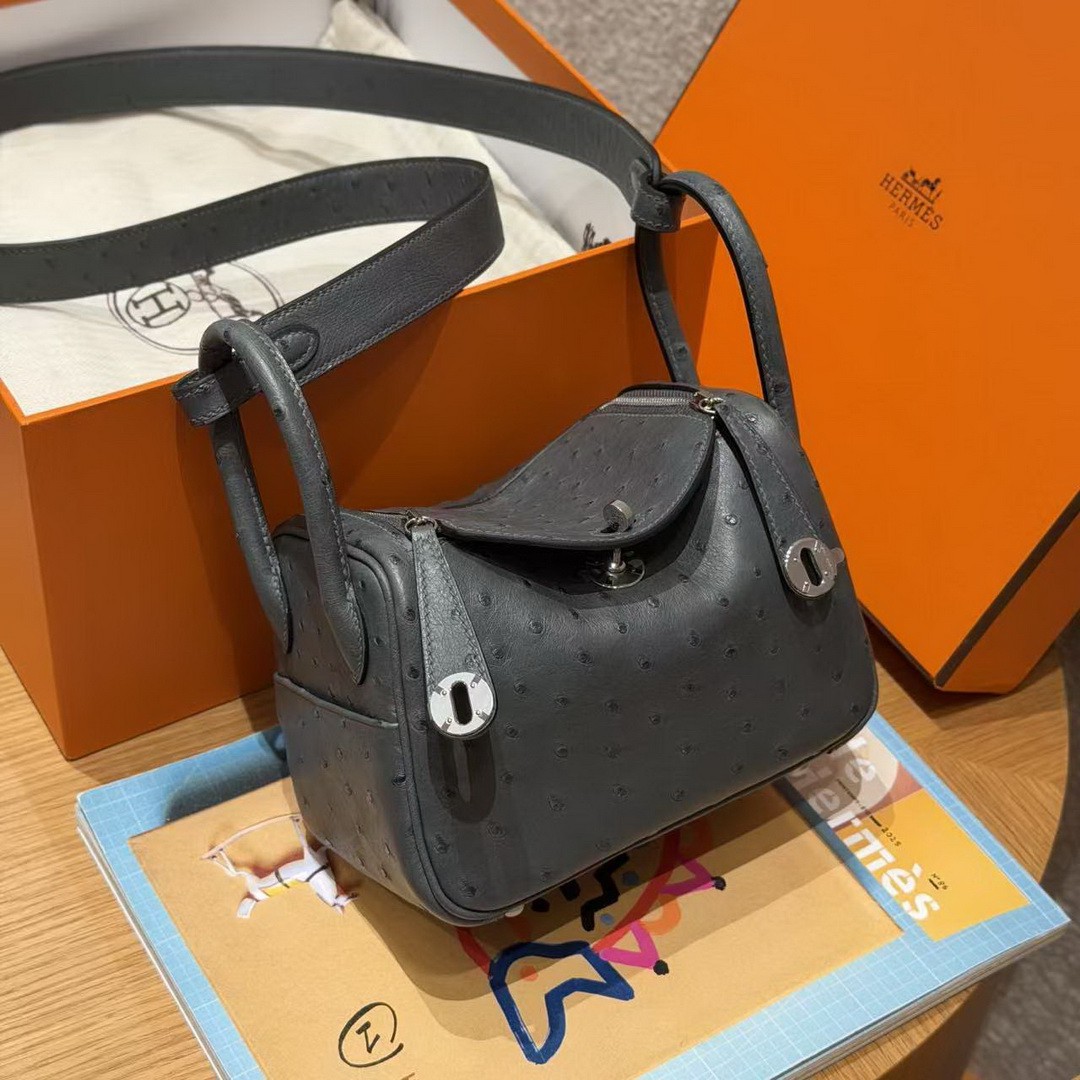 Hermes Lindy Mini 19 CM Bag Handmade In KK Ostrich Leather from South Africa Silver Hardware 0L Gris Meyer - Image 3