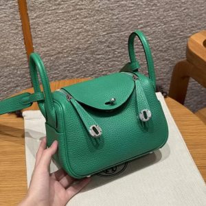 Hermes Lindy Mini 19 CM Bag Handmade In Taurillon Clemence Leather Silver Hardware 0T Vert Comics