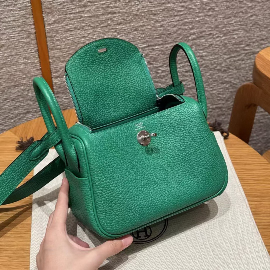 Hermes Lindy Mini 19 CM Bag Handmade In Taurillon Clemence Leather Silver Hardware 0T Vert Comics - Image 10