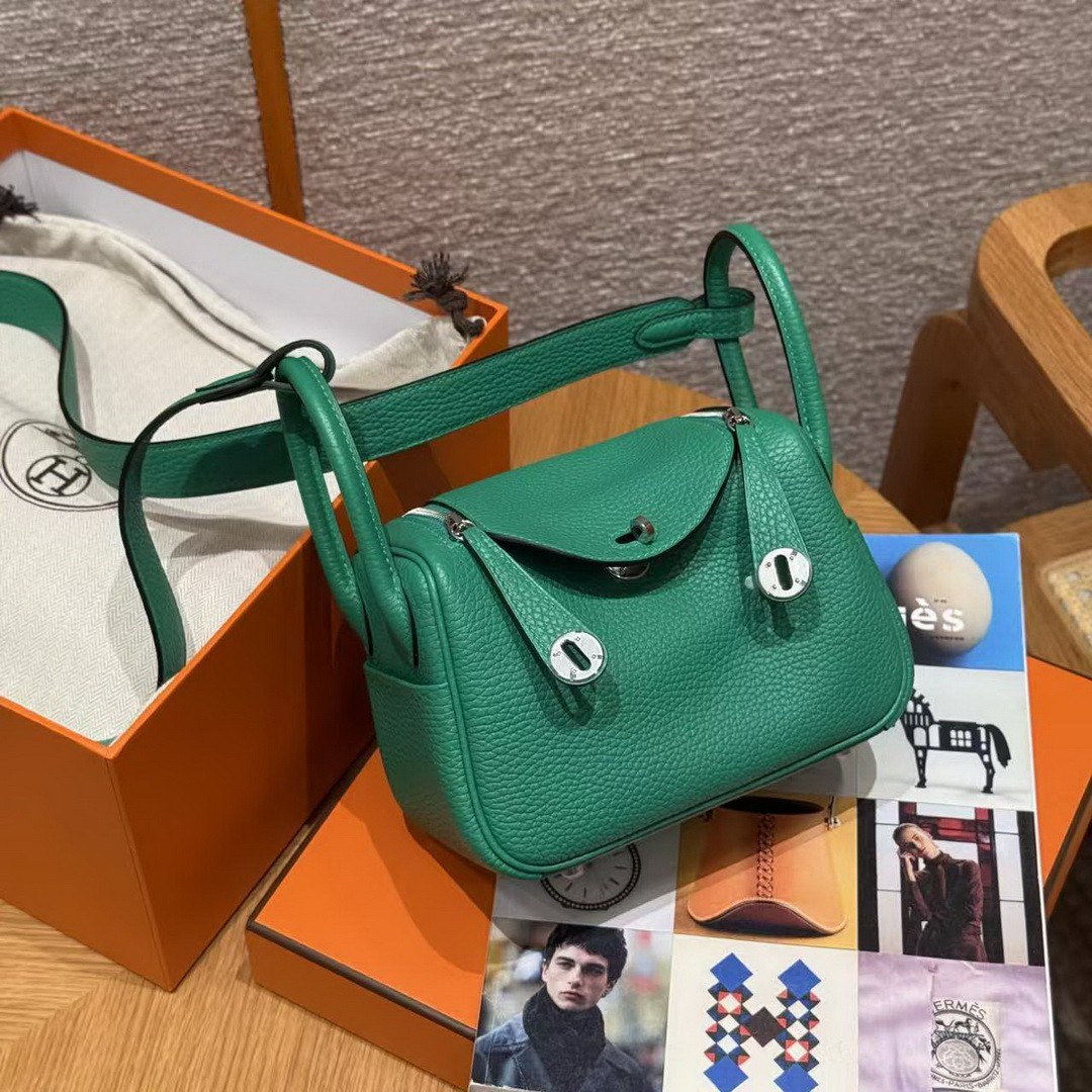 Hermes Lindy Mini 19 CM Bag Handmade In Taurillon Clemence Leather Silver Hardware 0T Vert Comics - Image 3