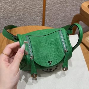 Hermes Lindy Mini 19 CM Bag Handmade In Taurillon Clemence Leather Silver Hardware 1k Bambou - Image 10
