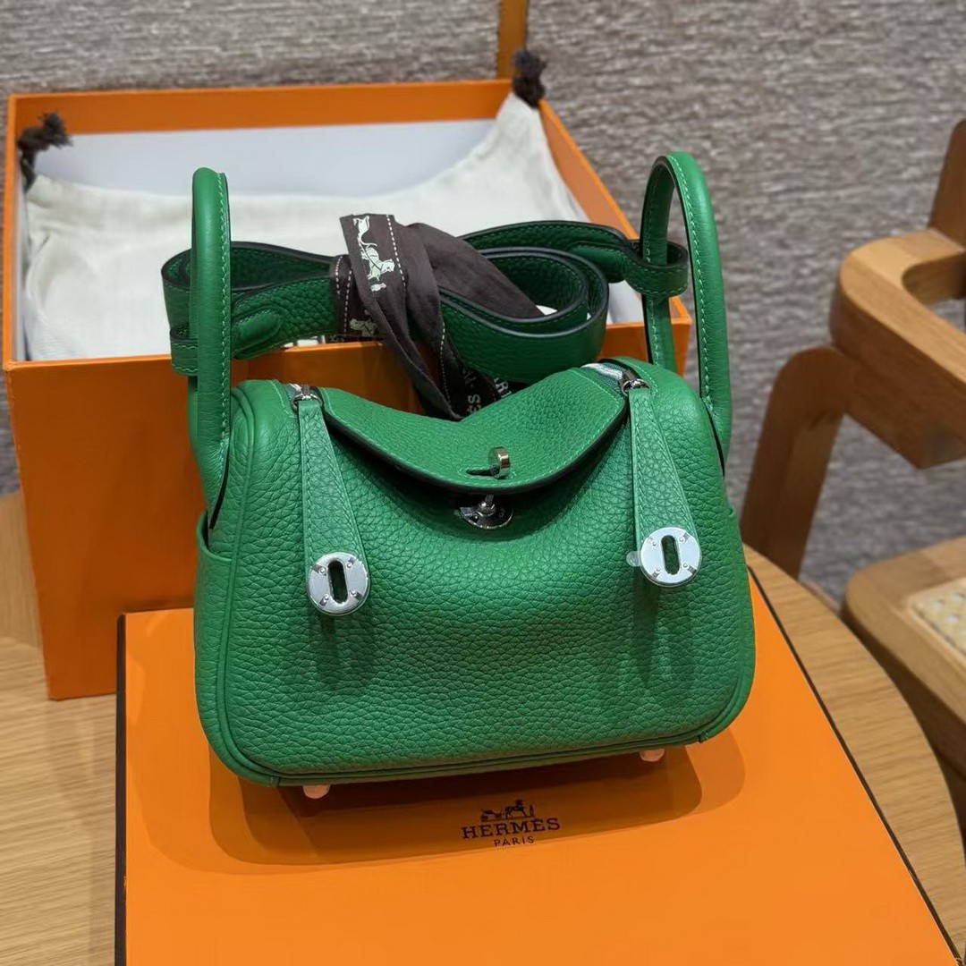 Hermes Lindy Mini 19 CM Bag Handmade In Taurillon Clemence Leather Silver Hardware 1k Bambou