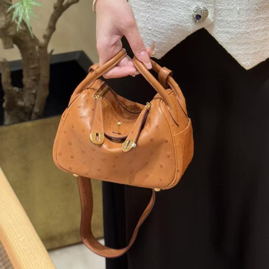 Hermes Lindy Mini 19 CM Bag Handmade In KK Ostrich Leather from South Africa Gold Hardware 37 Gold - Image 3