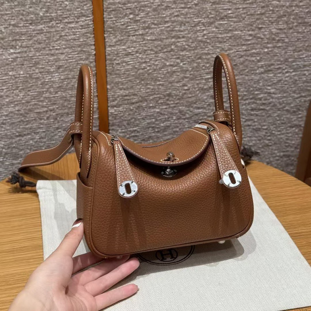 Hermes Lindy Mini 19 CM Bag Handmade In Taurillon Clemence Leather Silver Hardware 37 Gold