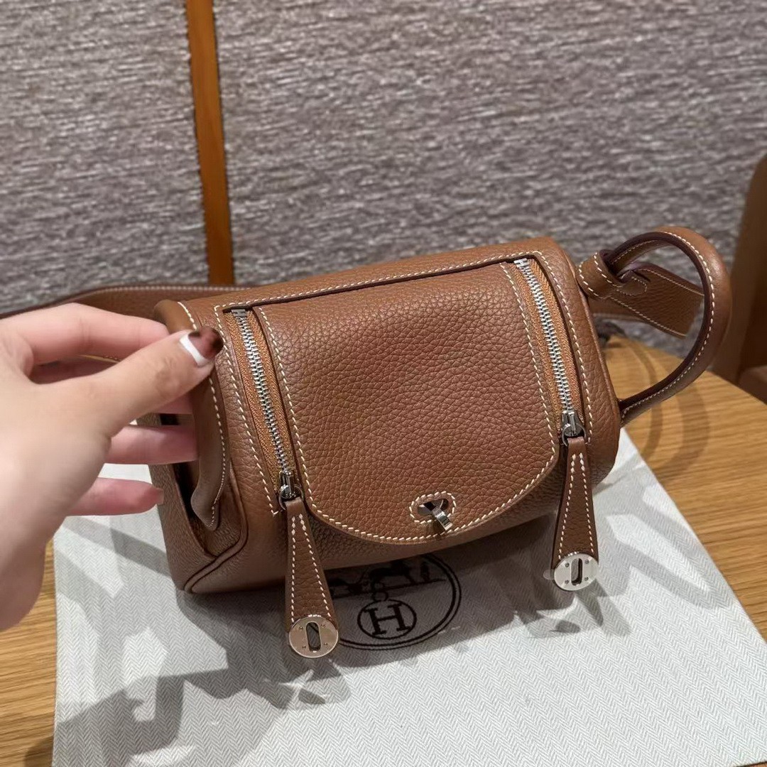 Hermes Lindy Mini 19 CM Bag Handmade In Taurillon Clemence Leather Silver Hardware 37 Gold - Image 11