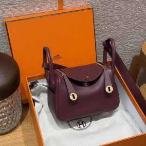 Hermes Lindy Mini 19 CM Bag Handmade In Swift Leather Gold Hardware 57 Bordeaux - Image 11