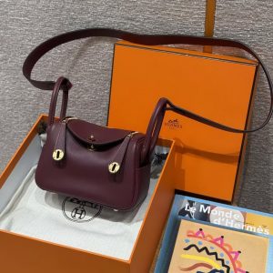 Hermes Lindy Mini 19 CM Bag Handmade In Swift Leather Gold Hardware 57 Bordeaux - Image 10